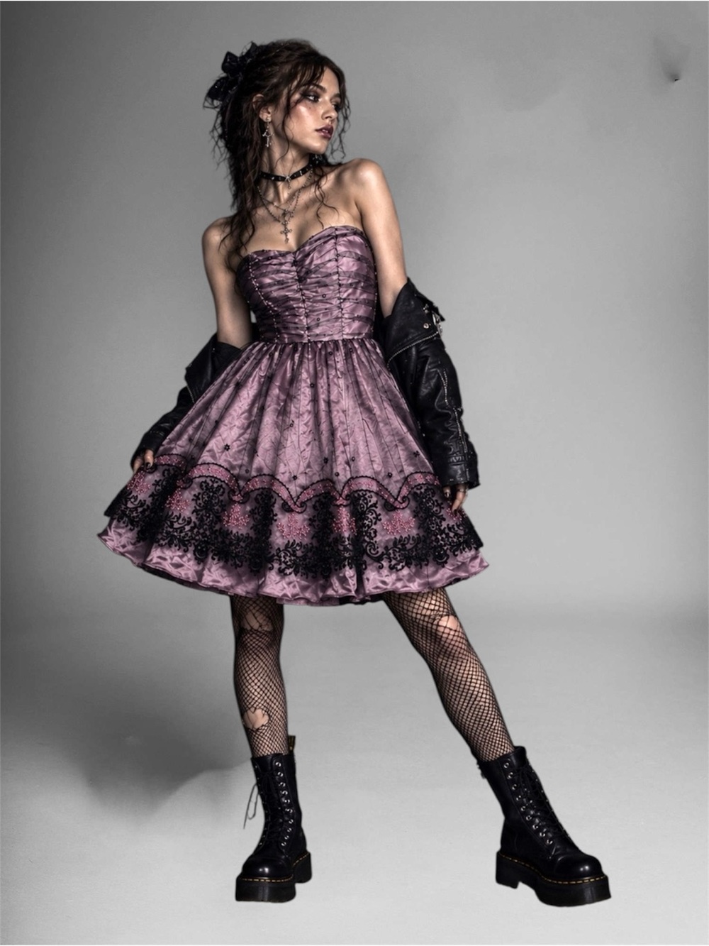 Vintage Jolie Mauve Pink Strapless Dress Black Lace Tulle Gothic Punk Y2K Mini